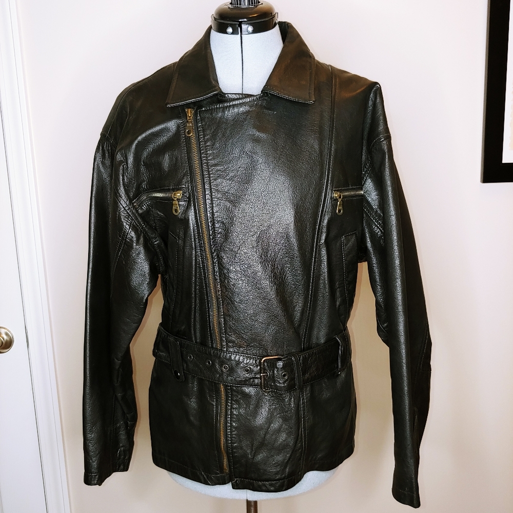 Boutique Europe vintage black leather belted jacket size 10
